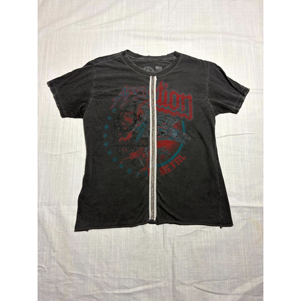 Affliction T-Shirt Womens Small Dark Gray Graphic Rhinestone Fake Zip Crew Neck